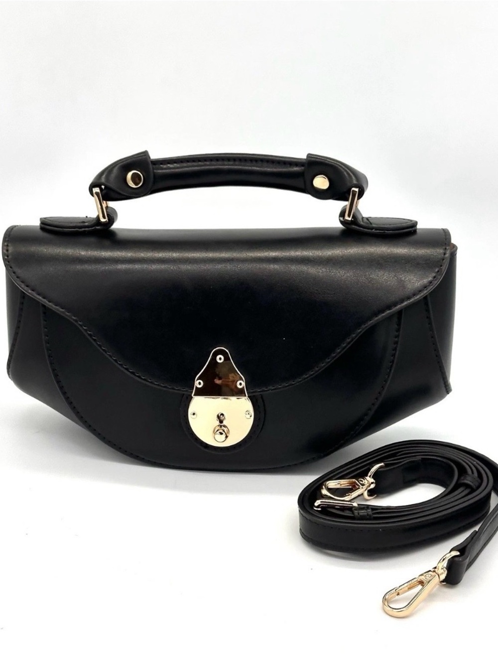 Retro Style Black Boat Shaped Small Top-Handle Crossbody with Gold Lock